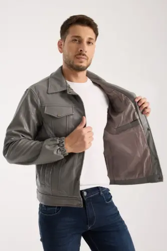 Mevsimlik Vintage Oversize Kısa Deri Ceket-KOYU GRİ - 7