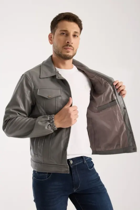 Mevsimlik Vintage Oversize Kısa Deri Ceket-KOYU GRİ - 7