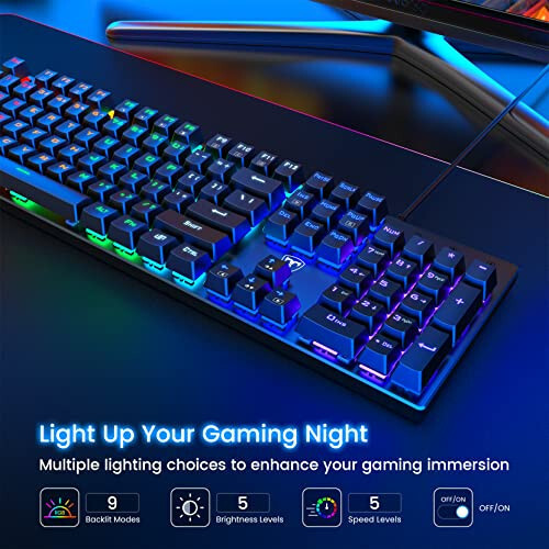 Механическая игровая клавиатура RisoPhy, RGB 104 клавиши, ультратонкая LED-подсветка, USB-проводная клавиатура с синим переключателем, прочные колпачки клавиш ABS/Anti-Ghosting/водонепроницаемая компьютерная клавиатура для ПК Mac Xbox Gamer - 2