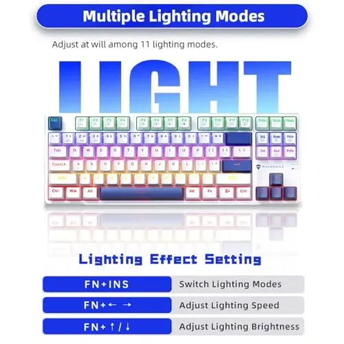 Механическая клавиатура Machenike K500B 75%, 87 клавиш TKL компактная игровая проводная клавиатура, горячая замена линейного красного переключателя, радужная LED-подсветка, двойные PBT-клавишные колпачки, белый/синий - 4