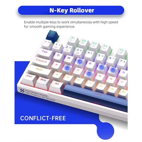 Механическая клавиатура Machenike K500B 75%, 87 клавиш TKL компактная игровая проводная клавиатура, горячая замена щелкающих синих переключателей, радужная светодиодная подсветка, колпачки клавиш PBT с двойной литьем, белый/синий - Machenike (1)