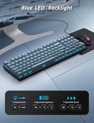 Mexanik O'yin Klaviaturasi va Sichqoncha, 98 Tugmali LED Yoritishli Klaviatura Suzuvchi Tugmacha bilan, Ergonomik RGB O'yin Sichqoncha va Sichqoncha Matkasi Kombinosi, To'liq Anti-Ghost Simli Klaviatura Kompyuter Noutbuk O'yinchisi uchun, Kulrang - 4