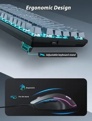 Mexanik O'yin Klaviaturasi va Sichqoncha, 98 Tugmali LED Yoritishli Klaviatura Suzuvchi Tugmacha bilan, Ergonomik RGB O'yin Sichqoncha va Sichqoncha Matkasi Kombinosi, To'liq Anti-Ghost Simli Klaviatura Kompyuter Noutbuk O'yinchisi uchun, Kulrang - 6
