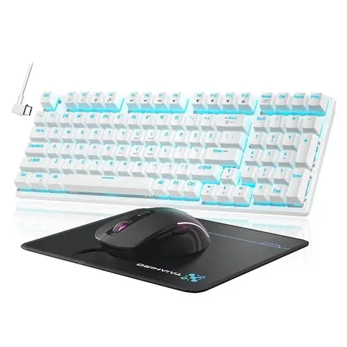 Mexanik oʻyin klaviaturasi va sichqonchasi, 98 ta tugmali LED yoritgichli klaviatura suzuvchi tugma qopqogʻi bilan, ergonomik RGB oʻyin sichqonchasi sichqoncha yostigʻi bilan birga, kompyuter noutbuk oʻyinchisi uchun toʻliq Anti-Ghost simli klaviatura, oq - MODAZONE