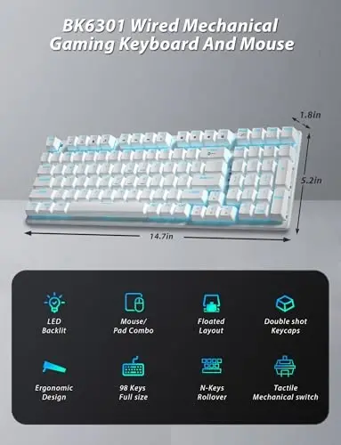 Mexanik oʻyin klaviaturasi va sichqonchasi, 98 ta tugmali LED yoritgichli klaviatura suzuvchi tugma qopqogʻi bilan, ergonomik RGB oʻyin sichqonchasi sichqoncha yostigʻi bilan birga, kompyuter noutbuk oʻyinchisi uchun toʻliq Anti-Ghost simli klaviatura, oq - MODAZONE (1)