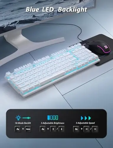 Mexanik oʻyin klaviaturasi va sichqonchasi, 98 ta tugmali LED yoritgichli klaviatura suzuvchi tugma qopqogʻi bilan, ergonomik RGB oʻyin sichqonchasi sichqoncha yostigʻi bilan birga, kompyuter noutbuk oʻyinchisi uchun toʻliq Anti-Ghost simli klaviatura, oq - 3