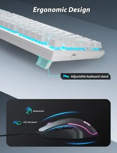 Mexanik oʻyin klaviaturasi va sichqonchasi, 98 ta tugmali LED yoritgichli klaviatura suzuvchi tugma qopqogʻi bilan, ergonomik RGB oʻyin sichqonchasi sichqoncha yostigʻi bilan birga, kompyuter noutbuk oʻyinchisi uchun toʻliq Anti-Ghost simli klaviatura, oq - 6