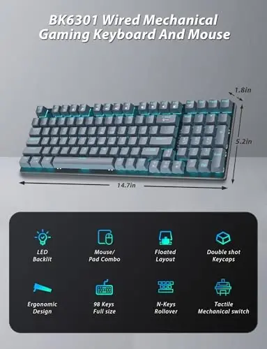 Mexanik o'yin klaviaturasi va sichqonchasi, 98 tugmali LED orqa nuri bilan klaviatura, ergonomik RGB o'yin sichqonchasi va sichqoncha tagligi kombinatsiyasi, kompyuter va noutbuk o'yinchilari uchun to'liq anti-ghost simli klaviatura, qora rang. - Taiahiro (1)
