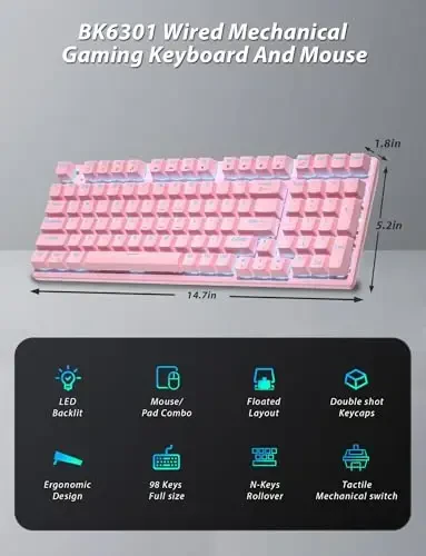 Mexanik o'yin klaviaturasi va sichqonchasi, LED yoritgichli 98 tugmali suzuvchi kalpak va 4 DPI RGB o'yin sichqonchasi sichqoncha yostig'i bilan, MAC PC Gamer aksessuarlari uchun to'liq Anti-Ghost yoritgichli simli kompyuter klaviaturalari, pushti - 2