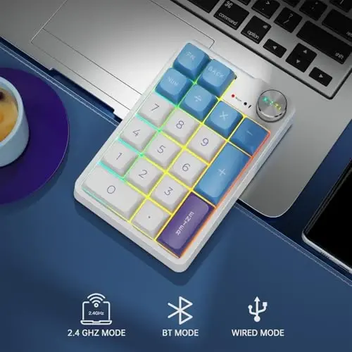 Mexanik simsiz qayta zaryadlanuvchi raqamli klaviatura, Gasket Bluetooth 5.0/2.4ghz/Simli Hot Swappable19 tugmali Numpad, Poron ko'pik bilan, alyuminiy qotishma tugmasi (ko'k-oq) - 3