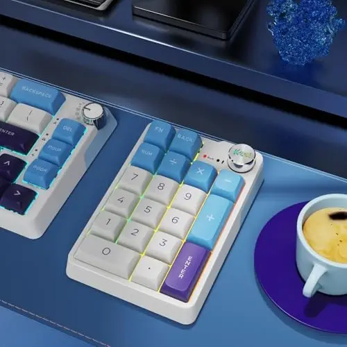 Mexanik simsiz qayta zaryadlanuvchi raqamli klaviatura, Gasket Bluetooth 5.0/2.4ghz/Simli Hot Swappable19 tugmali Numpad, Poron ko'pik bilan, alyuminiy qotishma tugmasi (ko'k-oq) - 4