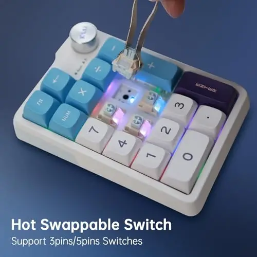 Mexanik simsiz qayta zaryadlanuvchi raqamli klaviatura, Gasket Bluetooth 5.0/2.4ghz/Simli Hot Swappable19 tugmali Numpad, Poron ko'pik bilan, alyuminiy qotishma tugmasi (ko'k-oq) - 5