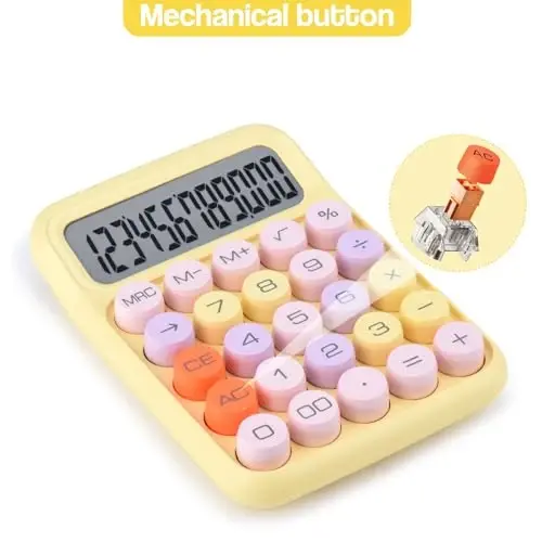 Mexanik Tugmali Kalkulator, 12 Xonali Katta LCD Displey, Katta Tugmalar Bosish Oson, Rangli Kofe Kalkulator, Avtomatik Uyqu, Batareya bilan. Ofis, Maktab, Uy uchun. (Sariq) - 8