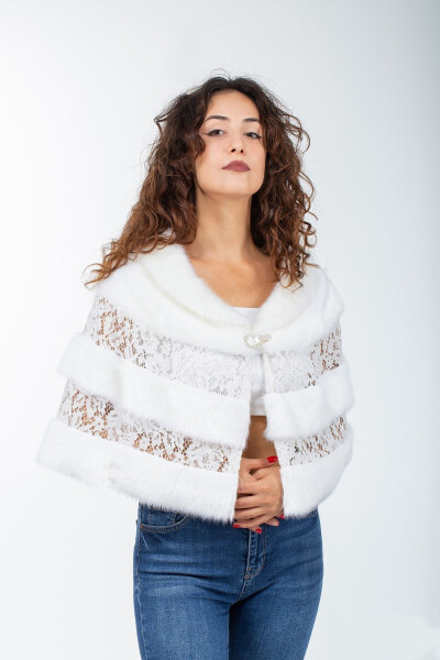 Меховая накидка-болеро из норки с кружевом и брошью для невесты и вечернего платья - 7