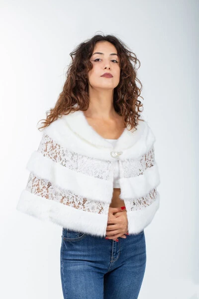 Меховая накидка-болеро из норки с кружевом и брошью для невесты и вечернего платья - GENEL MARKALAR