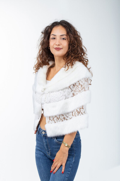 Меховая накидка-болеро из норки с кружевом и брошью для невесты и вечернего платья - 6