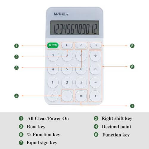 M&G Desk Calculator 12 Digit Calculator with Large LCD Display and Buttons, Automatic Sleep, Portable Cute Calculator for School Home Business Office, Battery Included (White) - 3