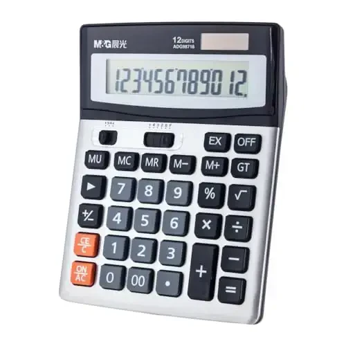M&G Desk Calculator 12 Digit Extra Large LCD Display Calculator, Dual Solar Power and Battery, Battery Included, Metal Panel Comfort Button Calculator for Office Home School 