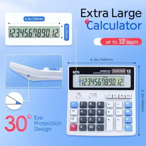 M&G Desk Calculator 12 Digit Extra Large LCD Display, Dual Solar Power and Battery, Accounting Calculator with Big Button, Battery Include, Perfect for Office Business Home Daily Use - 5