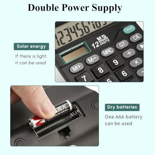 M&G Desk Calculator 12 Digit Office Calculators with Large LCD Display, Dual Solar Power and Battery, Recessed Big Button Calculator for Office Home School (Black) - 4