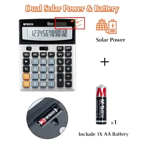 M&G Desk Calculator 12 Digit Extra Large LCD Display Calculator, Dual Solar Power and Battery, Battery Included, Metal Panel Comfort Button Calculator for Office Home School - 3