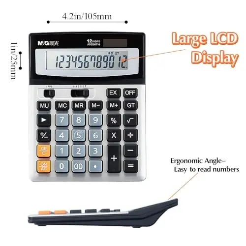 M&G Desk Calculator 12 Digit Extra Large LCD Display Calculator, Dual Solar Power and Battery, Battery Included, Metal Panel Comfort Button Calculator for Office Home School - 4