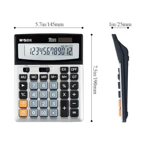 M&G Desk Calculator 12 Digit Extra Large LCD Display Calculator, Dual Solar Power and Battery, Battery Included, Metal Panel Comfort Button Calculator for Office Home School - 6