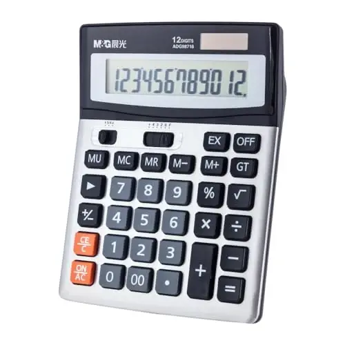 M&G Desk Calculator 12 Digit Extra Large LCD Display Calculator, Dual Solar Power and Battery, Battery Included, Metal Panel Comfort Button Calculator for Office Home School - 1