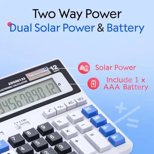 M&G Desk Calculator 12 Digit Extra Large LCD Display, Dual Solar Power and Battery, Accounting Calculator with Big Button, Battery Include, Perfect for Office Business Home Daily Use - 3