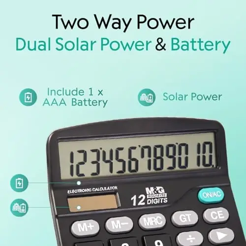 M&G Desk Calculator 12 Digit Office Calculators with Large LCD Display, Dual Solar Power and Battery, Recessed Big Button Calculator for Office Home (Black, Pack of 5) - 3