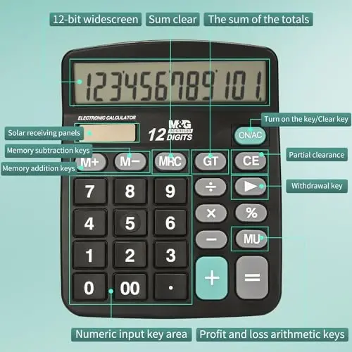 M&G Desk Calculator 12 Digit Office Calculators with Large LCD Display, Dual Solar Power and Battery, Recessed Big Button Calculator for Office Home (Black, Pack of 5) - 4