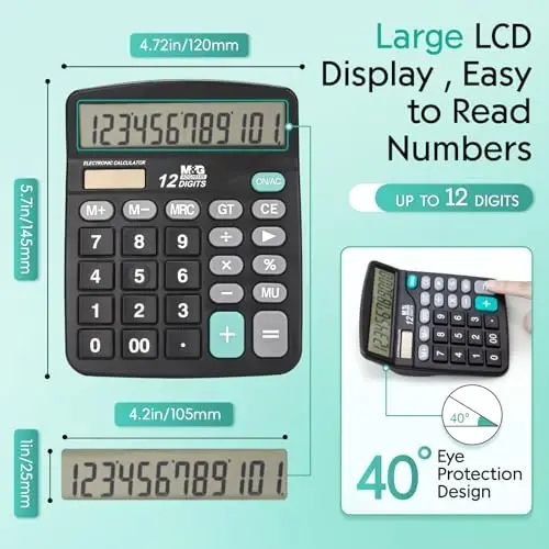 M&G Desk Calculator 12 Digit Office Calculators with Large LCD Display, Dual Solar Power and Battery, Recessed Big Button Calculator for Office Home (Black, Pack of 5) - 5