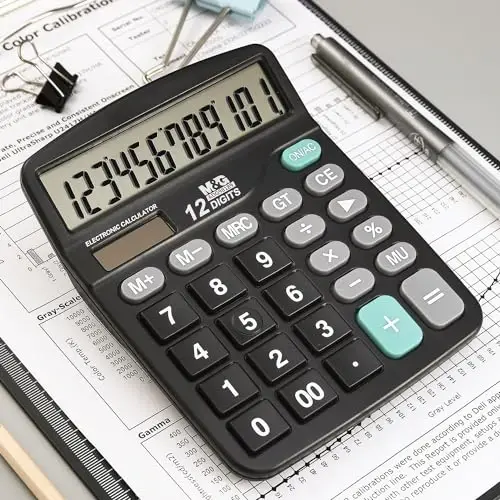 M&G Desk Calculator 12 Digit Office Calculators with Large LCD Display, Dual Solar Power and Battery, Recessed Big Button Calculator for Office Home (Black, Pack of 5) - 6