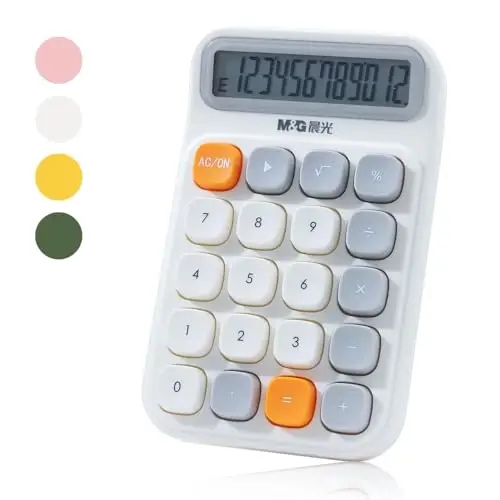 M&G Mechanical Switch Calculator, 12 Digits, Large LCD Display and Big Buttons, Cute White Desktop Calculator for Office, Home, School (Battery Included) - M&G
