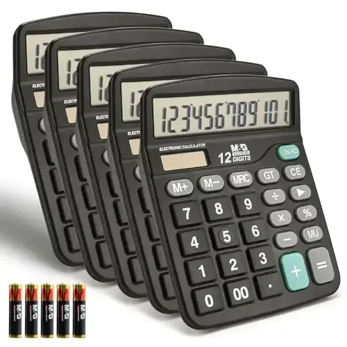 M&G Desk Calculator 12 Digit Office Calculators with Large LCD Display, Dual Solar Power and Battery, Recessed Big Button Calculator for Office Home School (Black, Pack of 5) - M&G