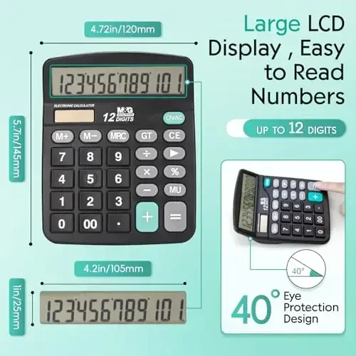 M&G Desk Calculator 12 Digit Office Calculators with Large LCD Display, Dual Solar Power and Battery, Recessed Big Button Calculator for Office Home School (Black, Pack of 5) - 5