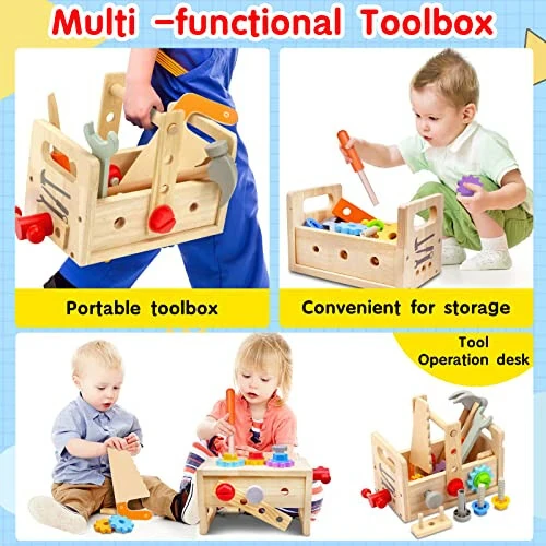 Mgtfbg Kids Tool Set - 29 PCS Wooden Toddler Tool with Box, Montessori STEM Educational Pretend Play Construction Toy for 2 3 4 5 6 Year Old Boys Girls, Best Birthday Gift - 33