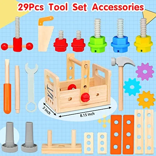 Mgtfbg Kids Tool Set - 29 PCS Wooden Toddler Tool with Box, Montessori STEM Educational Pretend Play Construction Toy for 2 3 4 5 6 Year Old Boys Girls, Best Birthday Gift - 10