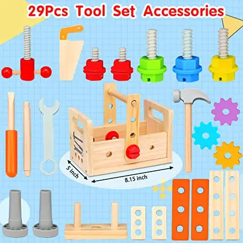 Mgtfbg Kids Tool Set - 29 PCS Wooden Toddler Tool with Box, Montessori STEM Educational Pretend Play Construction Toy for 2 3 4 5 6 Year Old Boys Girls, Best Birthday Gift - 4
