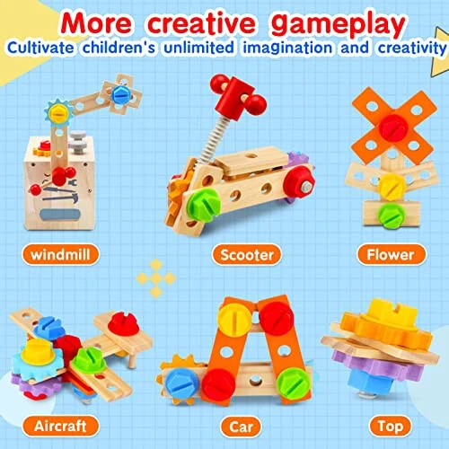 Mgtfbg Kids Tool Set - 29 PCS Wooden Toddler Tool with Box, Montessori STEM Educational Pretend Play Construction Toy for 2 3 4 5 6 Year Old Boys Girls, Best Birthday Gift - 30