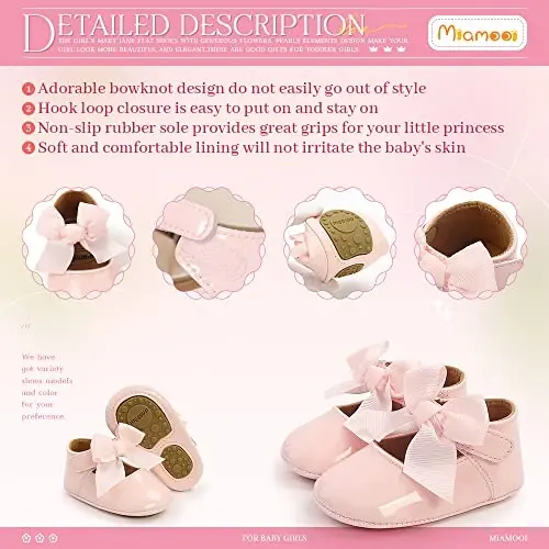 Miamooi Infant Baby Girls Wedding Dress Shoes Bow Ballet Princess Mary Jane Flats Toddler First Walkers Sneaker Newborn Crib Baptism Shoes - 5