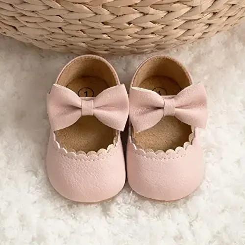 Miamooi Infant Baby Girls Wedding Dress Shoes Bow Ballet Princess Mary Jane Flats Toddler First Walkers Sneaker Newborn Crib Baptism Shoes - 6