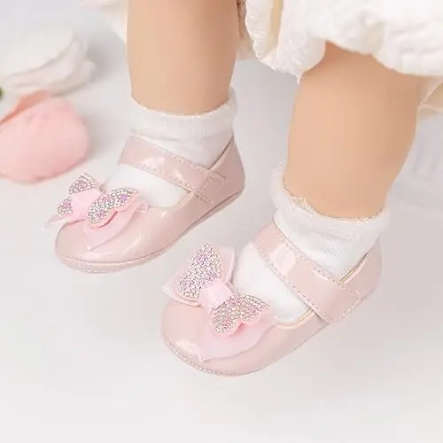 Miamooi Infant Baby Girls Wedding Dress Shoes Bow Ballet Princess Mary Jane Flats Toddler First Walkers Sneaker Newborn Crib Baptism Shoes - 3