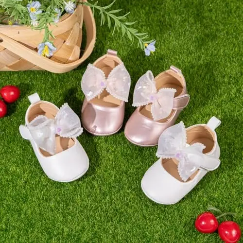 Miamooi Infant Baby Girls Wedding Dress Shoes Bow Ballet Princess Mary Jane Flats Toddler First Walkers Sneaker Newborn Crib Baptism Shoes - 2