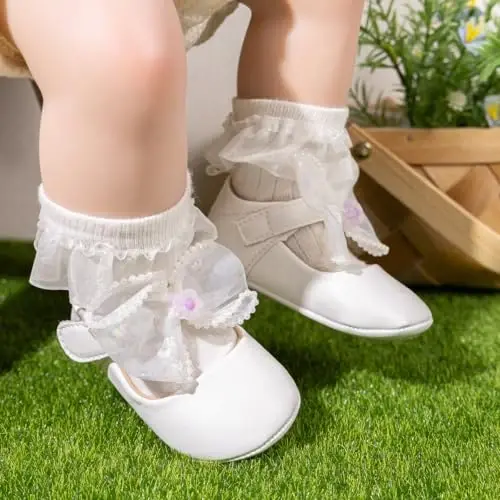 Miamooi Infant Baby Girls Wedding Dress Shoes Bow Ballet Princess Mary Jane Flats Toddler First Walkers Sneaker Newborn Crib Baptism Shoes - 3