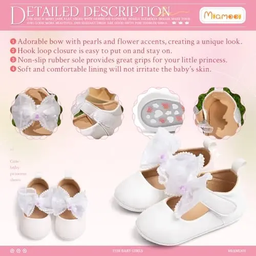 Miamooi Infant Baby Girls Wedding Dress Shoes Bow Ballet Princess Mary Jane Flats Toddler First Walkers Sneaker Newborn Crib Baptism Shoes - 5