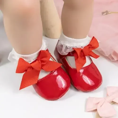 Miamooi Infant Baby Girls Wedding Dress Shoes Bow Ballet Princess Mary Jane Flats Toddler First Walkers Sneaker Newborn Crib Baptism Shoes - 2
