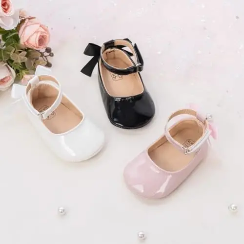 Miamooi Infant Baby Girls Wedding Dress Shoes Bow Ballet Princess Mary Jane Flats Toddler First Walkers Sneaker Newborn Crib Baptism Shoes - 2