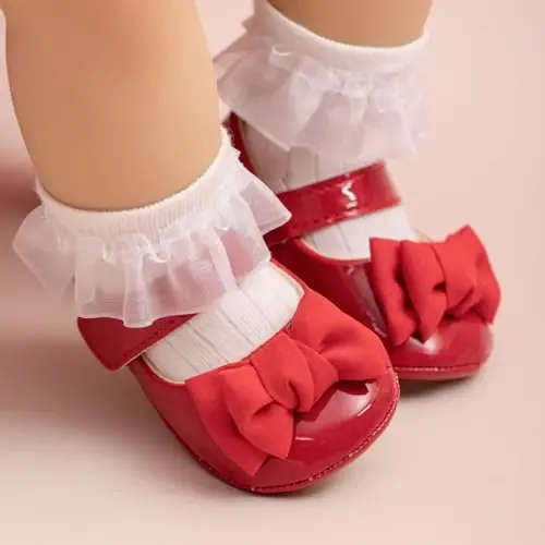 Miamooi Infant Baby Girls Wedding Dress Shoes Bow Ballet Princess Mary Jane Flats Toddler First Walkers Sneaker Newborn Crib Baptism Shoes - 3