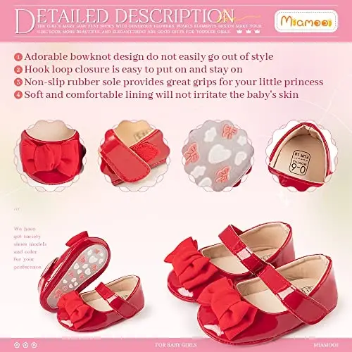Miamooi Infant Baby Girls Wedding Dress Shoes Bow Ballet Princess Mary Jane Flats Toddler First Walkers Sneaker Newborn Crib Baptism Shoes - 5